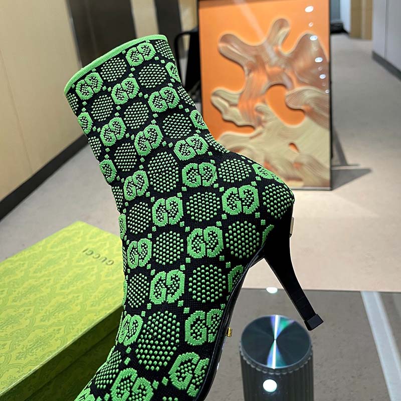 G*u*i women gg knit ankle boots black green gg technical fabric leather mid-heel