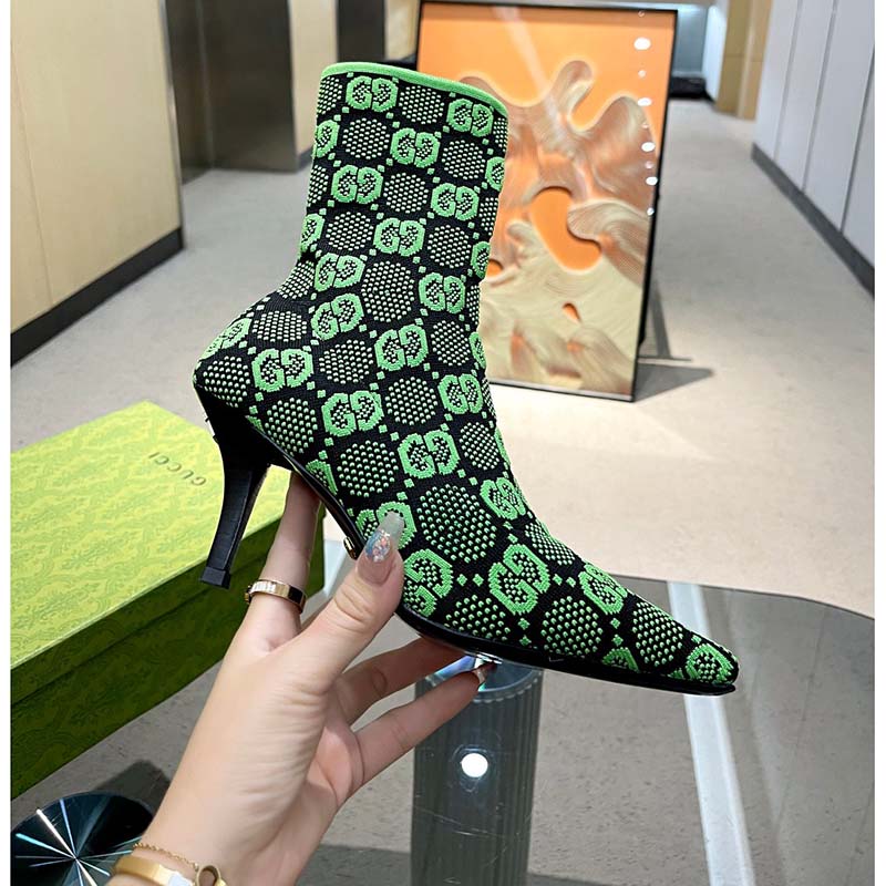 G*u*i women gg knit ankle boots black green gg technical fabric leather mid-heel