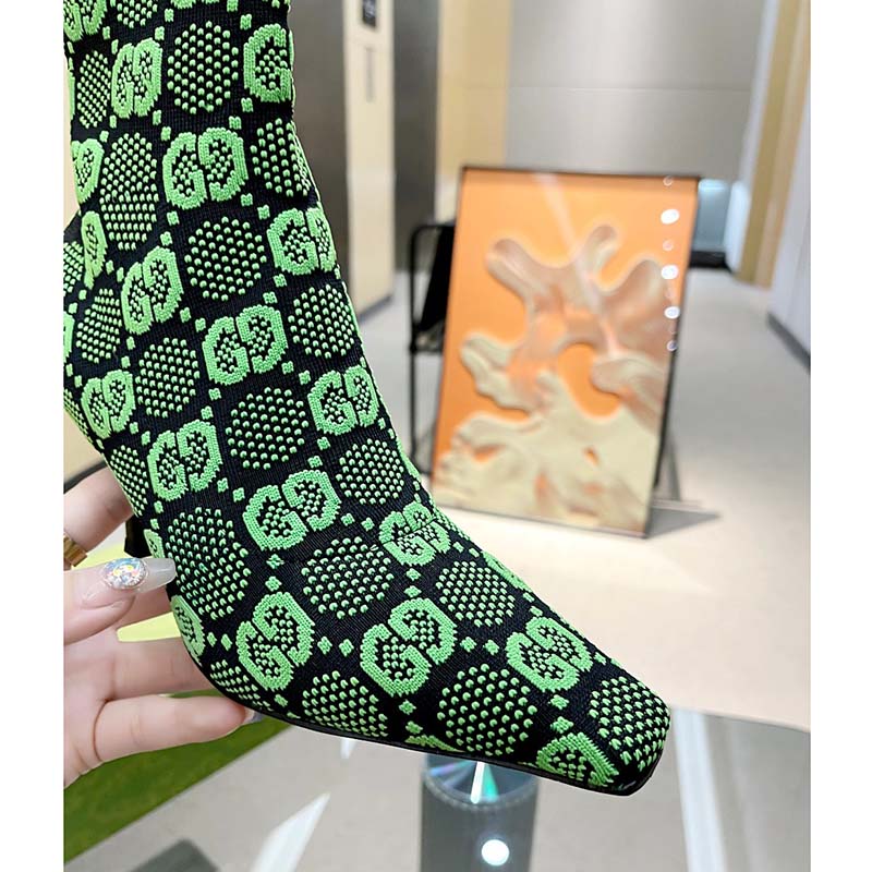 G*u*i women gg knit ankle boots black green gg technical fabric leather mid-heel