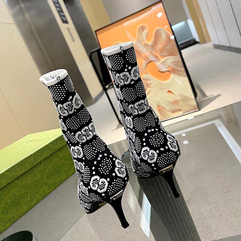 G*u*i women gg knit ankle boots black white gg technical fabric leather mid-heel