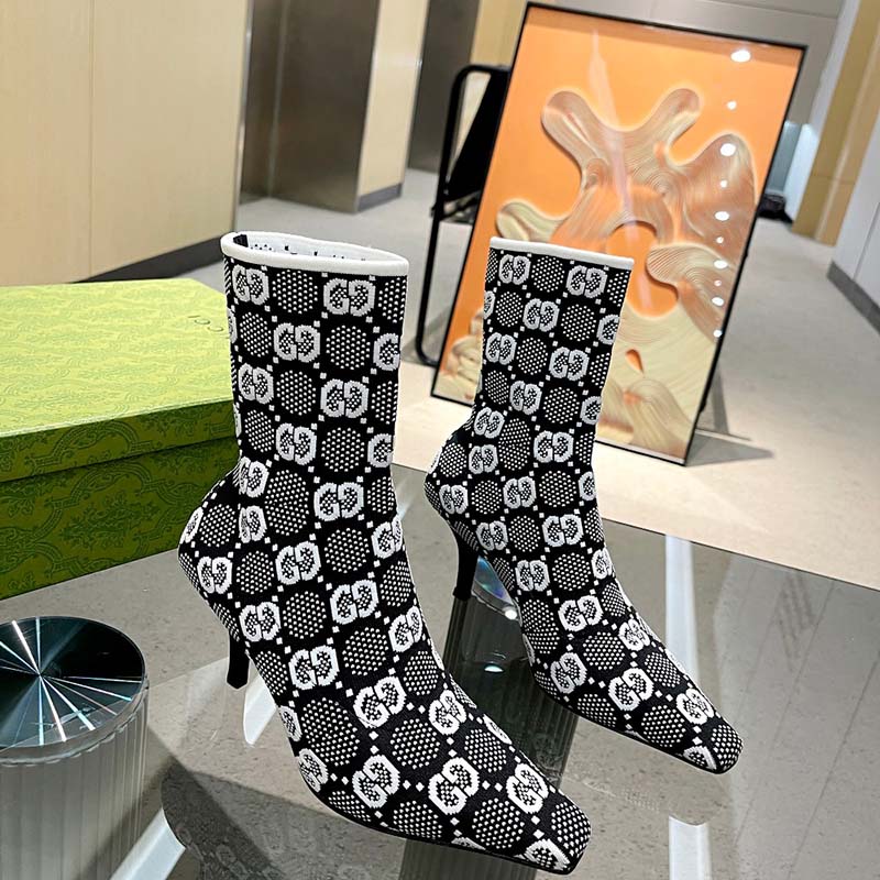 G*u*i women gg knit ankle boots black white gg technical fabric leather mid-heel