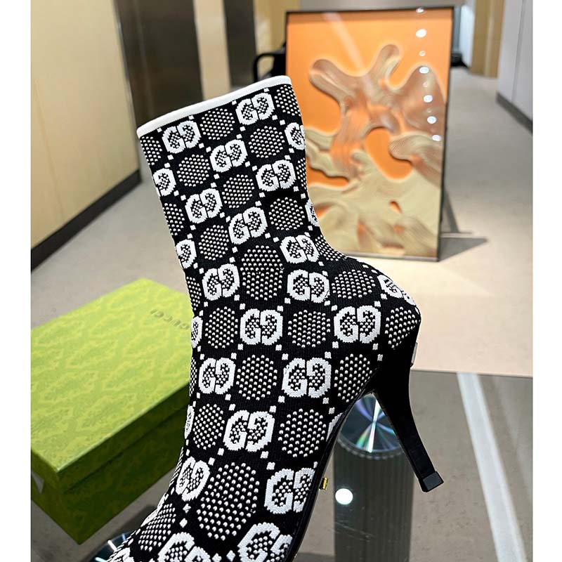 G*u*i women gg knit ankle boots black white gg technical fabric leather mid-heel