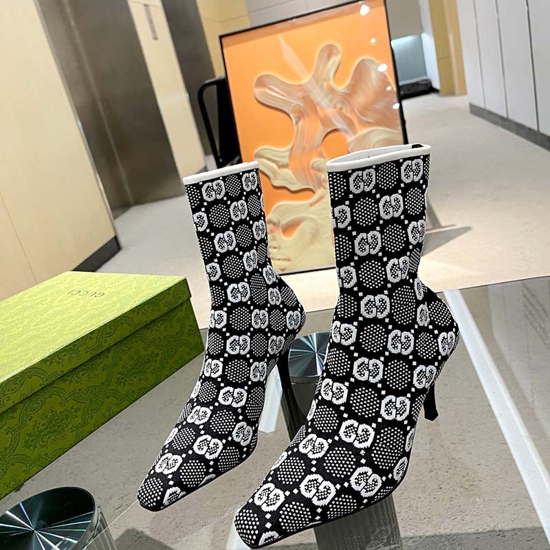 G*u*i women gg knit ankle boots black white gg technical fabric leather mid-heel