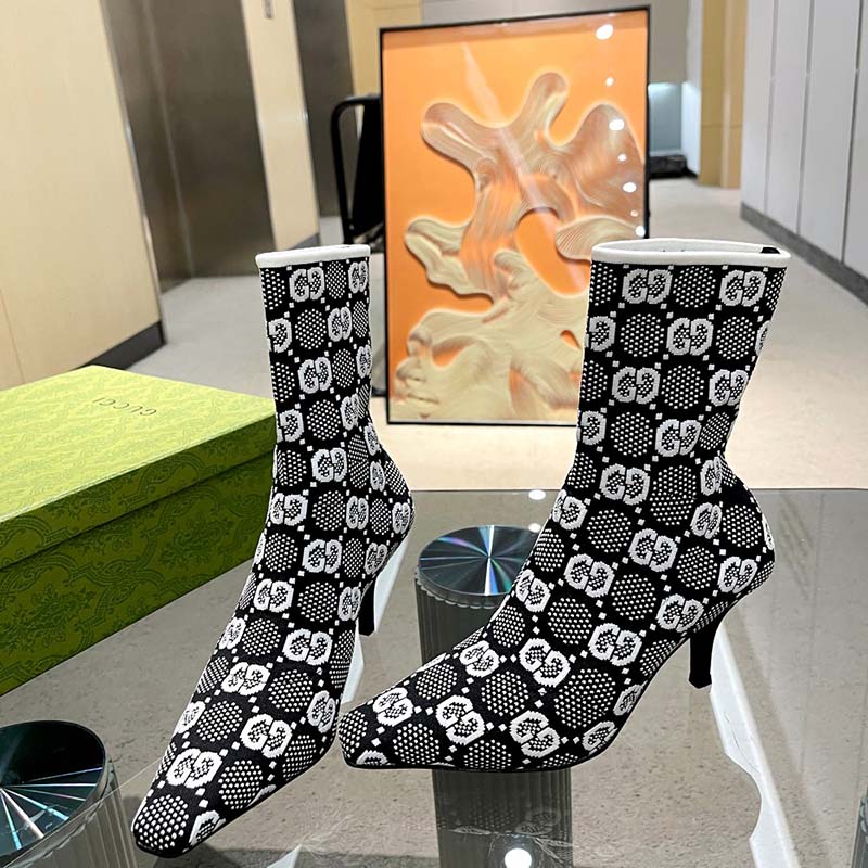 G*u*i women gg knit ankle boots black white gg technical fabric leather mid-heel