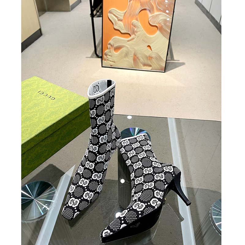 G*u*i women gg knit ankle boots black white gg technical fabric leather mid-heel