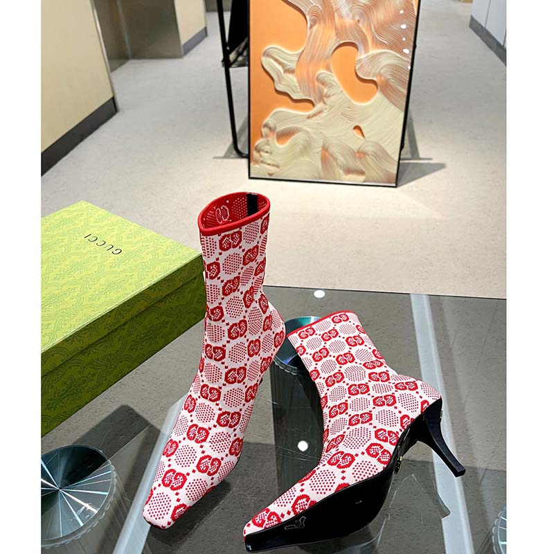 G*u*i women gg knit ankle boots pink red gg technical fabric leather mid-heel