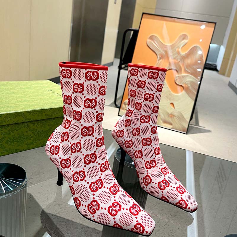 G*u*i women gg knit ankle boots pink red gg technical fabric leather mid-heel
