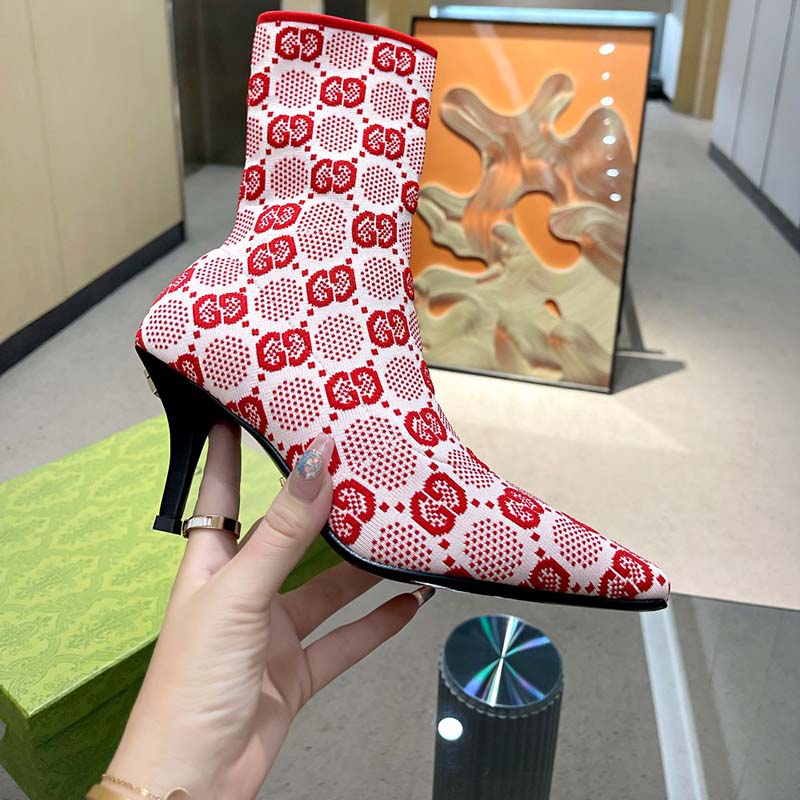 G*u*i women gg knit ankle boots pink red gg technical fabric leather mid-heel