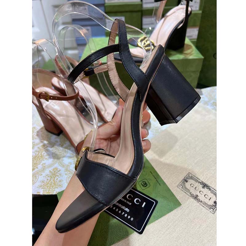 G*u*i women gg leather mid-heel sandal black double g 8 cm heel