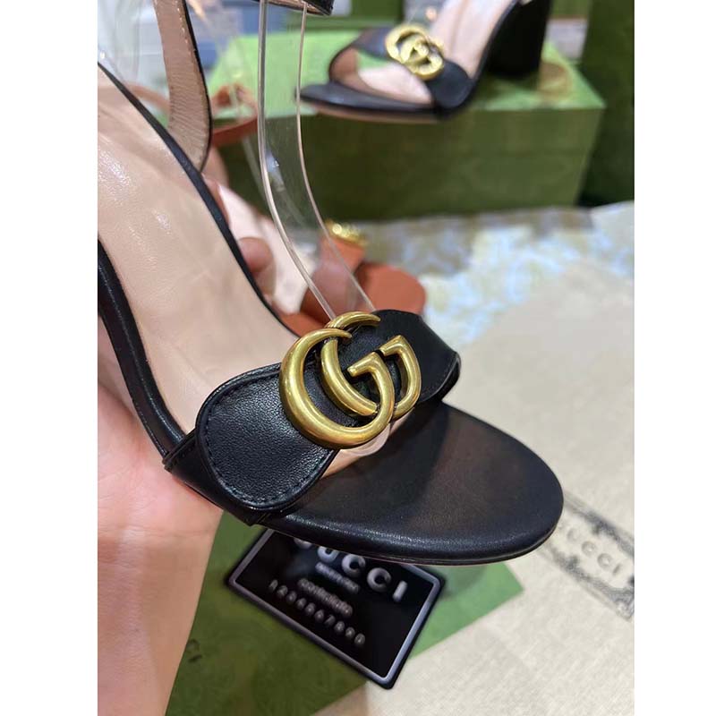 G*u*i women gg leather mid-heel sandal black double g 8 cm heel