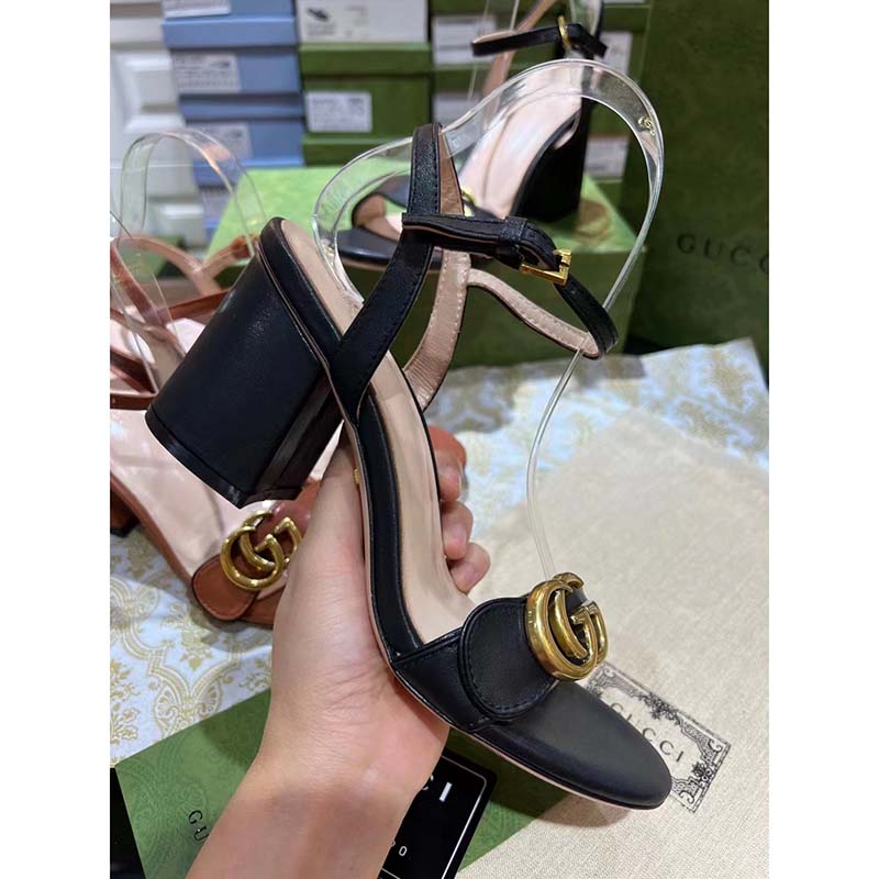 G*u*i women gg leather mid-heel sandal black double g 8 cm heel