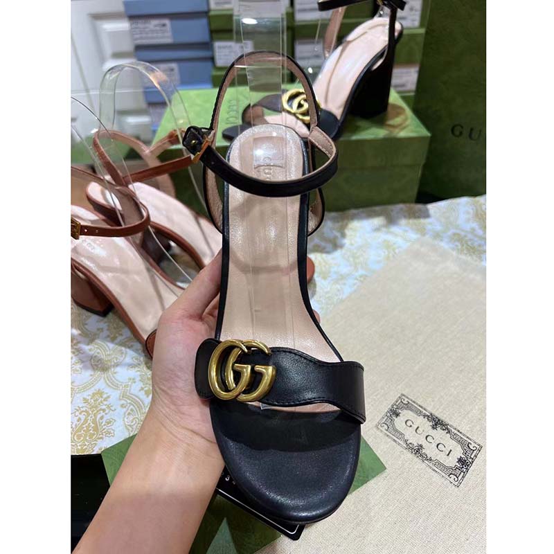 G*u*i women gg leather mid-heel sandal black double g 8 cm heel