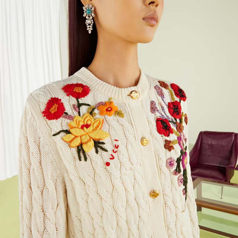 G*u*i women gg lovelight cotton cardigan embroidery white floral embroidery crewneck
