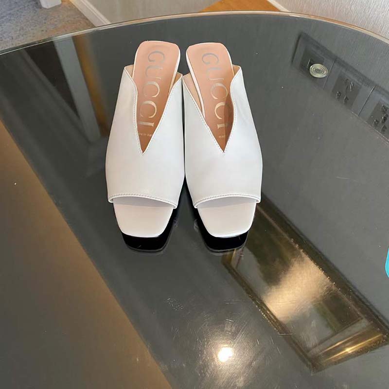 G*u*i women gg low heel sandal white leather square toe leather sole 3 cm heel