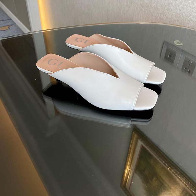 G*u*i women gg low heel sandal white leather square toe leather sole 3 cm heel