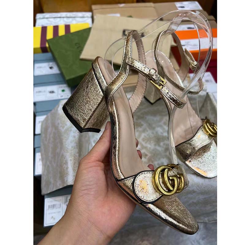G*u*i women gg metallic laminate leather mid-heel sandal double g 8 cm heel