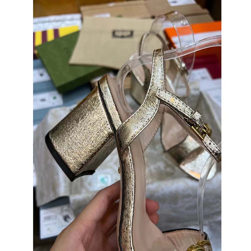 G*u*i women gg metallic laminate leather mid-heel sandal double g 8 cm heel