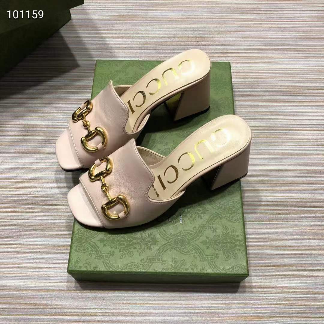 G*u*i women gg slide sandal horsebit pink leather mid 7.6 cm heel