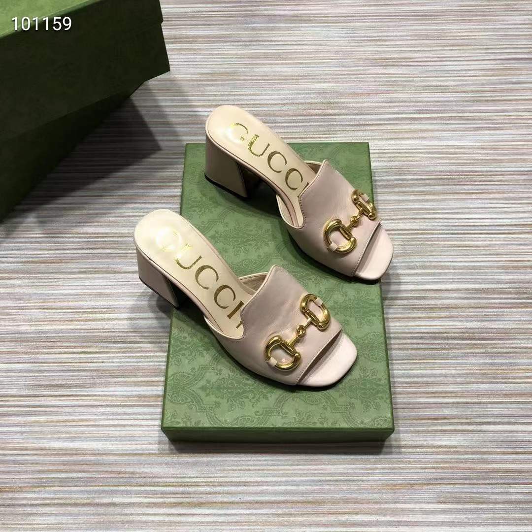 G*u*i women gg slide sandal horsebit pink leather mid 7.6 cm heel
