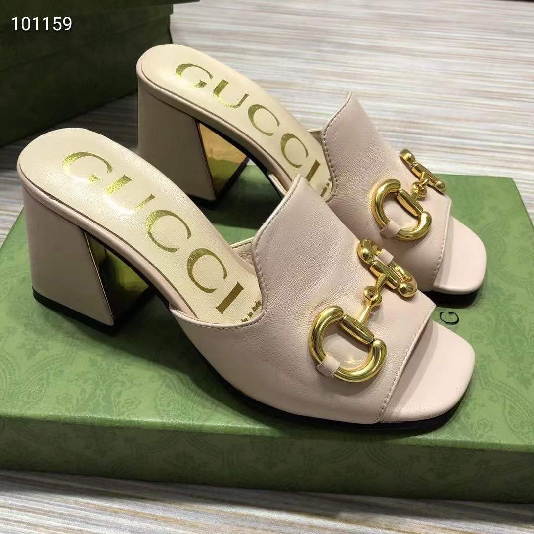 G*u*i women gg slide sandal horsebit pink leather mid 7.6 cm heel