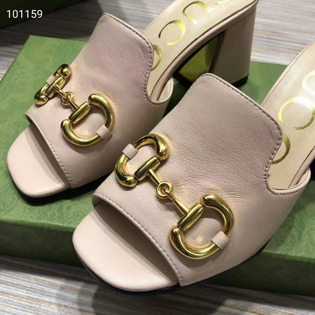 G*u*i women gg slide sandal horsebit pink leather mid 7.6 cm heel