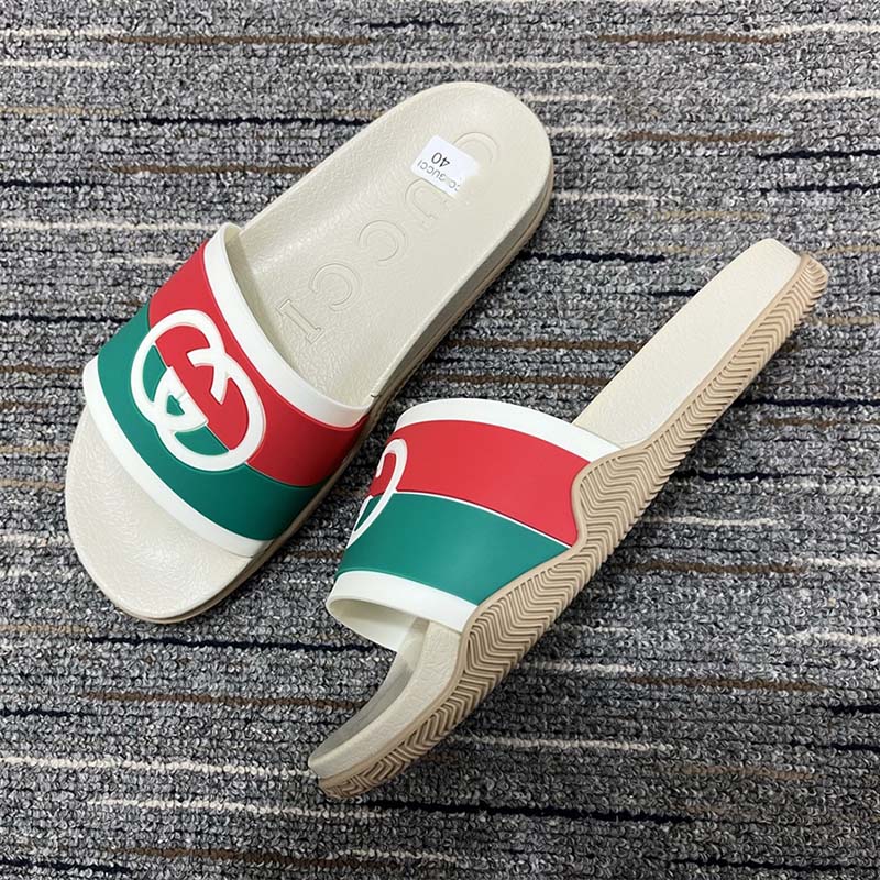 G*u*i women interlocking g slide sandal striped rubber white footbed rubber sole flat