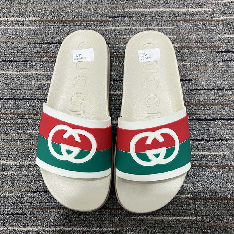 G*u*i women interlocking g slide sandal striped rubber white footbed rubber sole flat