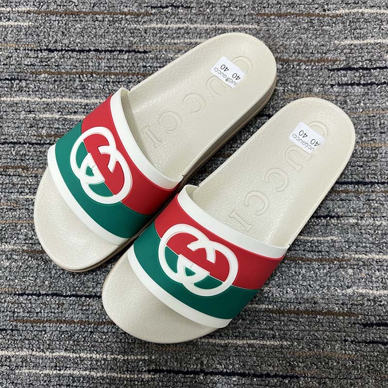 G*u*i women interlocking g slide sandal striped rubber white footbed rubber sole flat