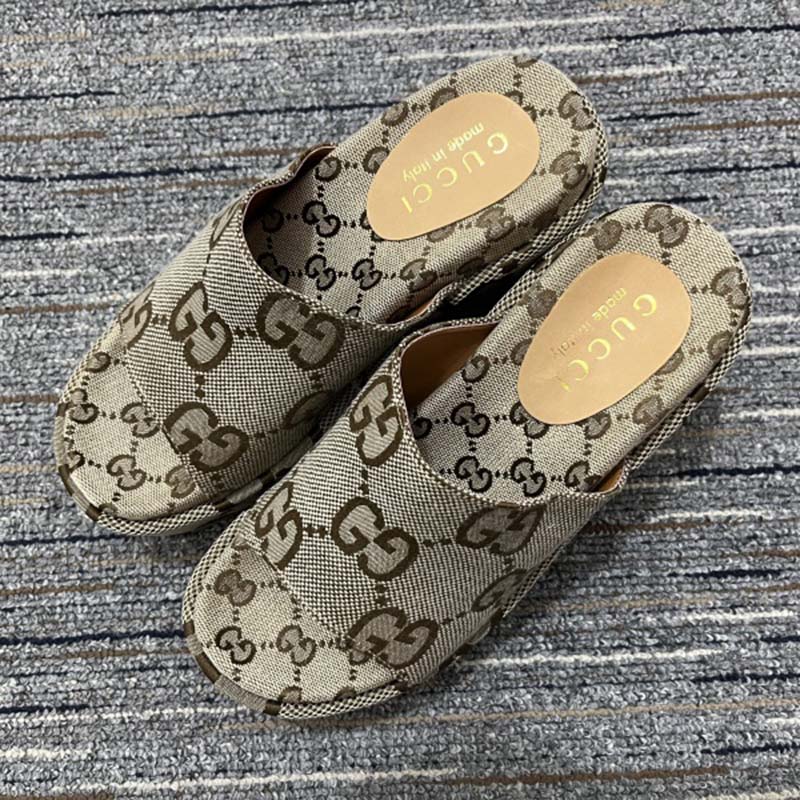 G*u*i women platform slide sandal camel ebony maxi gg canvas high heel 10 cm