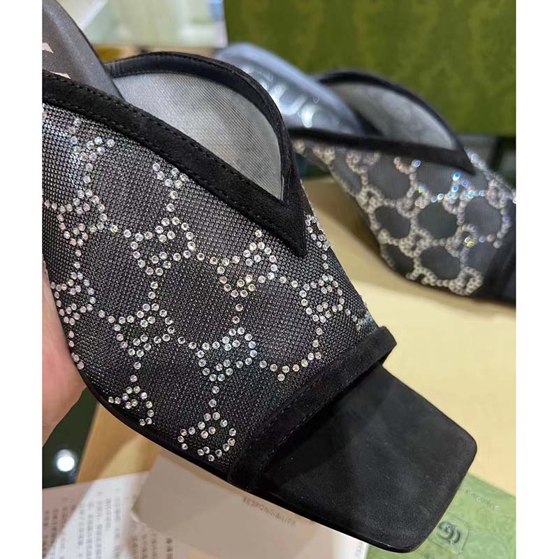 G*u*i women sandal black mesh gg crystals square toe mid heel 8 cm heel