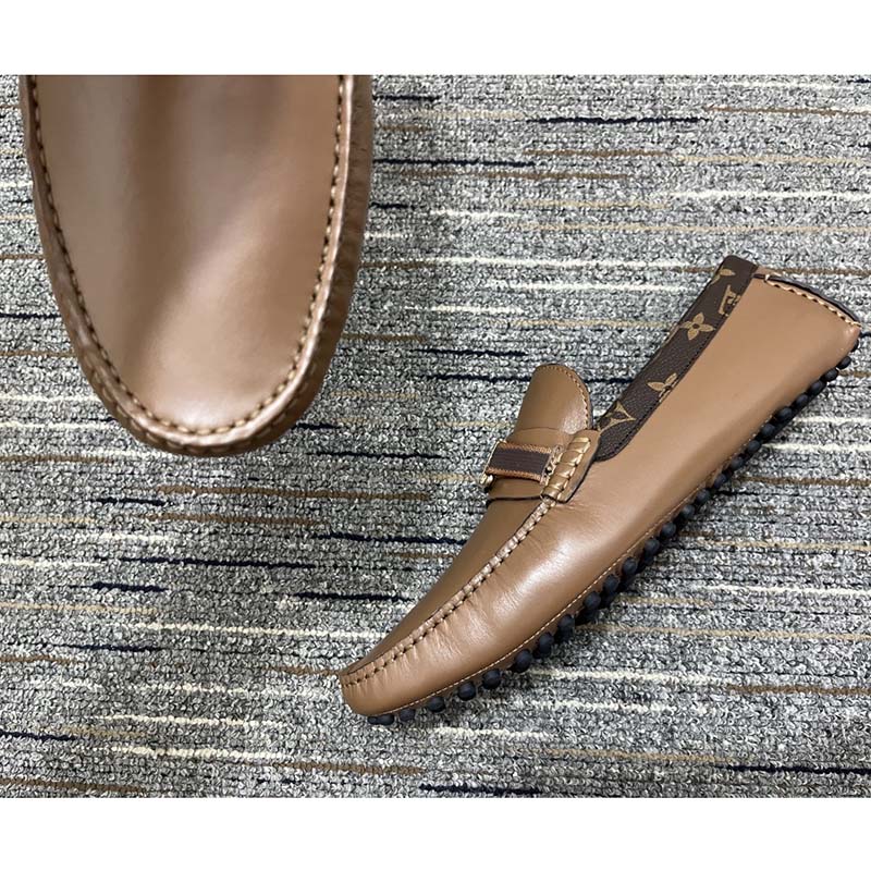Louis Vuitton LV Men Hockenheim Moccasin Cognac Brown Calf Leather Monogram Canvas