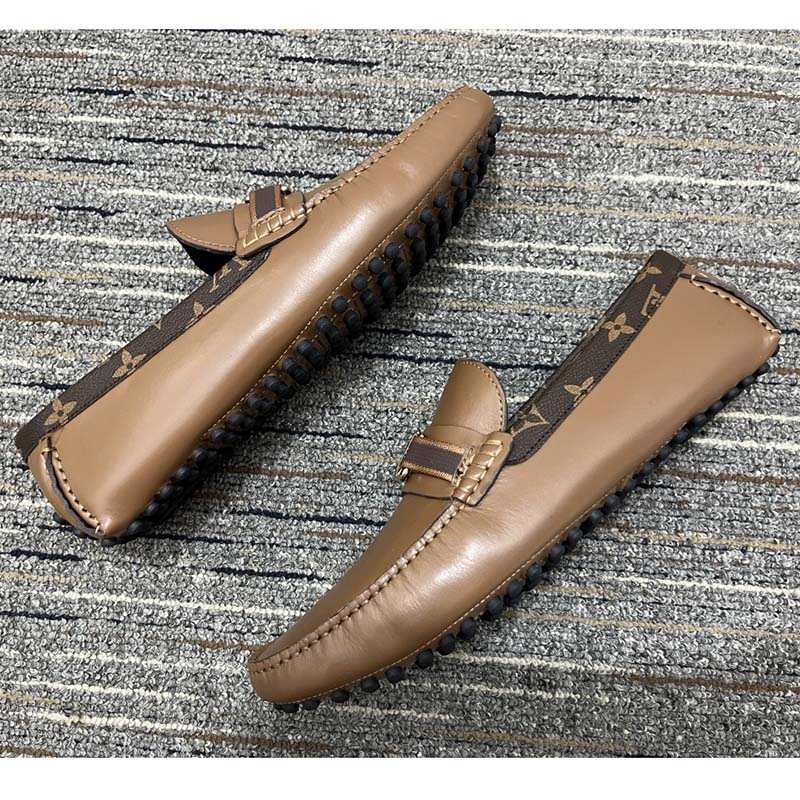Louis Vuitton LV Men Hockenheim Moccasin Cognac Brown Calf Leather Monogram Canvas