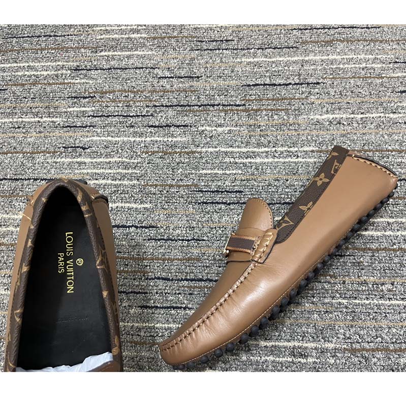 Louis Vuitton LV Men Hockenheim Moccasin Cognac Brown Calf Leather Monogram Canvas