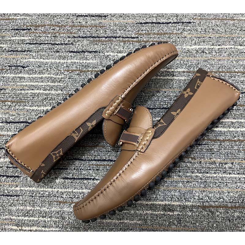 Louis Vuitton LV Men Hockenheim Moccasin Cognac Brown Calf Leather Monogram Canvas
