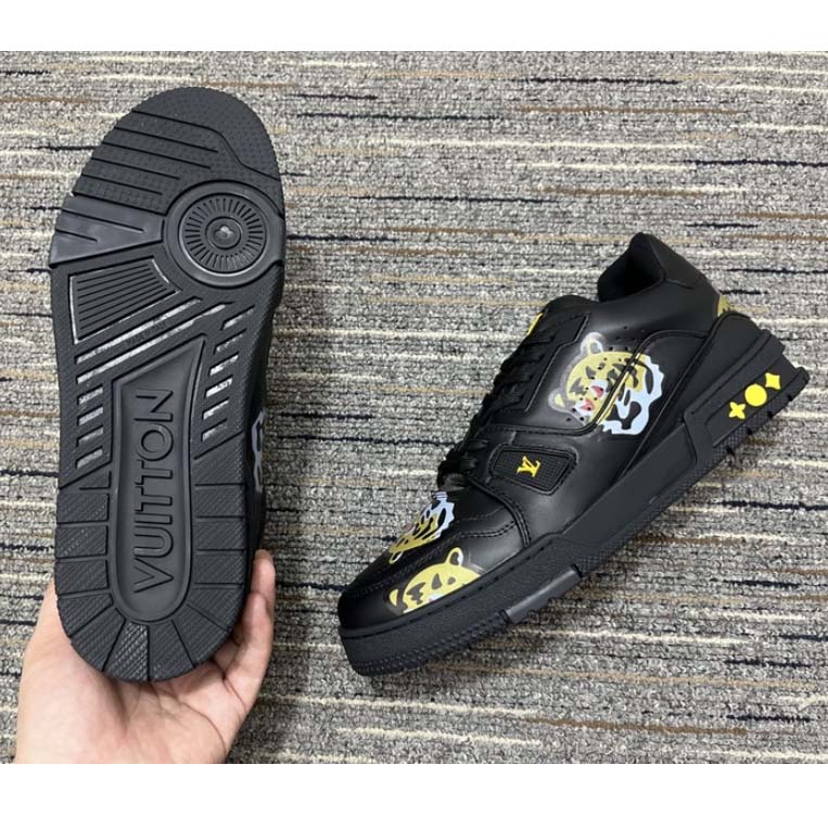 Louis Vuitton LV Unisex Trainer Sneaker Black Printed Calf Leather Rubber Outsole