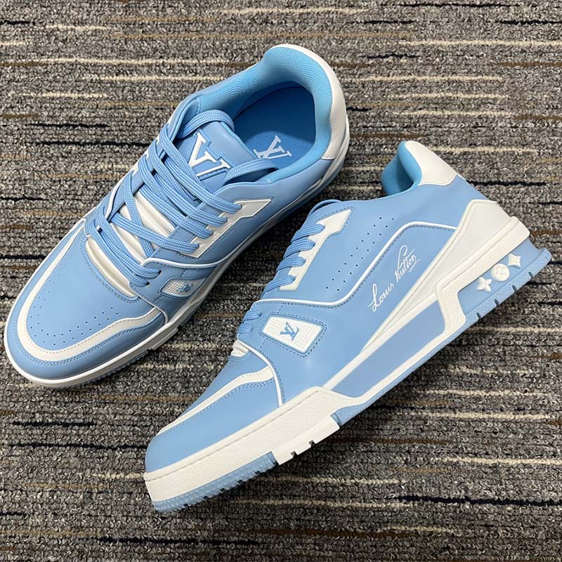 Louis Vuitton LV Unisex Trainer Sneaker Blue Mix Materials 54 Rubber Outsole Monogram Flowers