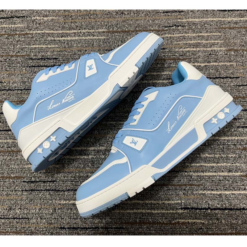 Louis Vuitton LV Unisex Trainer Sneaker Blue Mix Materials 54 Rubber Outsole Monogram Flowers