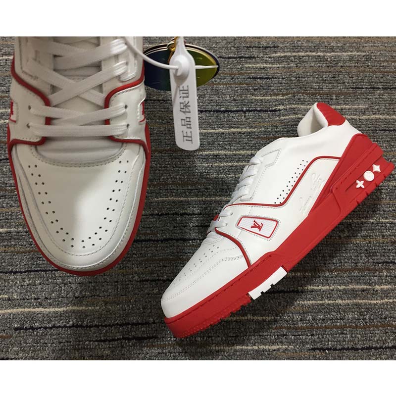 Louis Vuitton LV Unisex Trainer Sneaker Red White Calf Leather Rubber Monogram Flowers