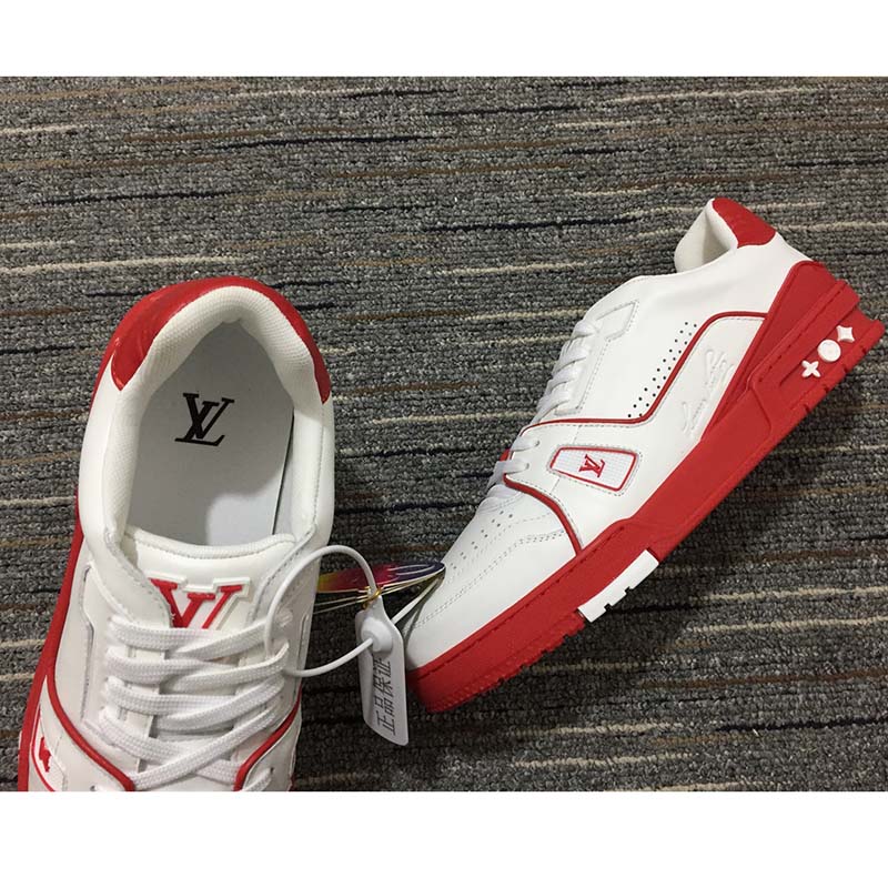Louis Vuitton LV Unisex Trainer Sneaker Red White Calf Leather Rubber Monogram Flowers