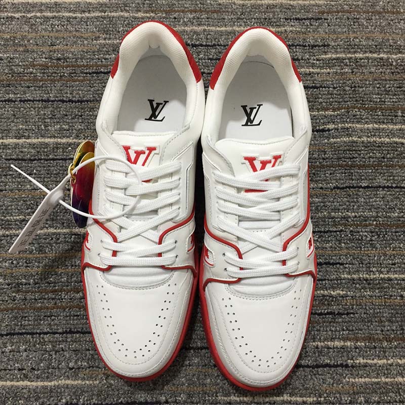 Louis Vuitton LV Unisex Trainer Sneaker Red White Calf Leather Rubber Monogram Flowers