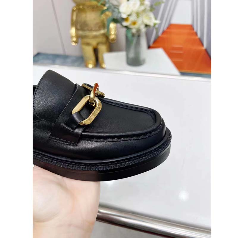 Louis Vuitton LV Women Loafer Black Glazed Calf Leather Blake Construction Monogram Flowers