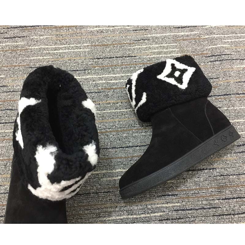 Louis Vuitton LV Women Snowdrop Flat Ankle Boot Black Suede Calf Leather Shearling Wool