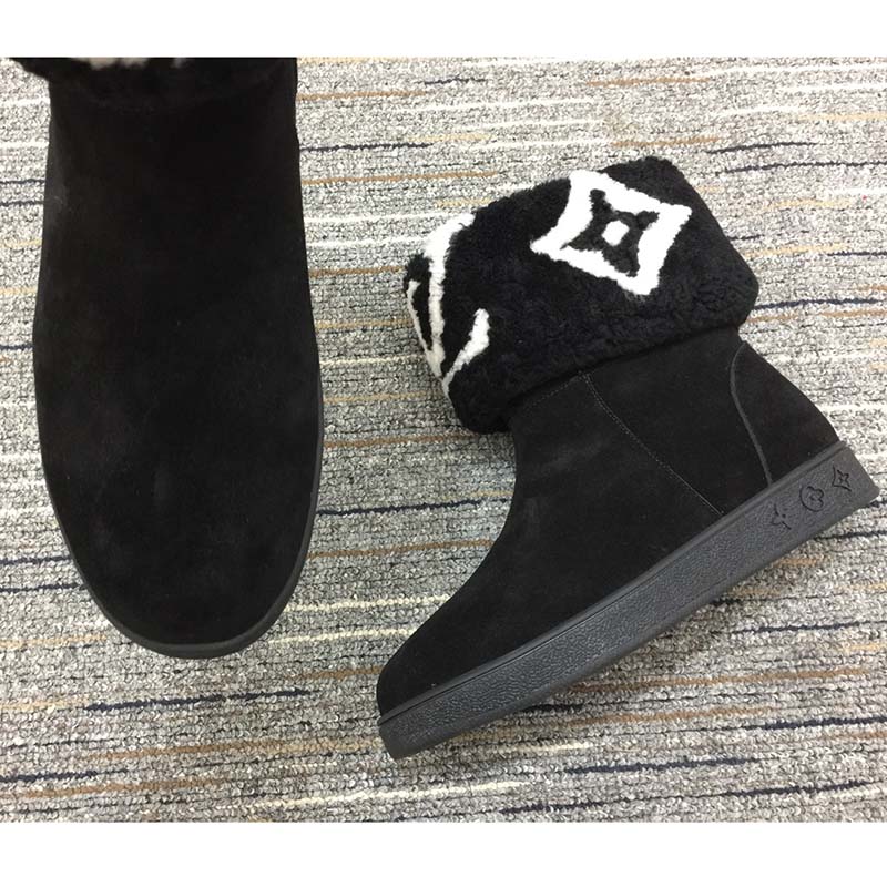 Louis Vuitton LV Women Snowdrop Flat Ankle Boot Black Suede Calf Leather Shearling Wool