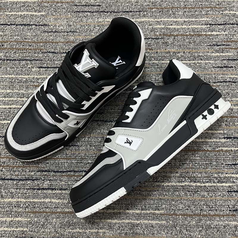 Louis Vuitton Men LV Trainer Sneaker Black Mix Materials Rubber Outsole 54 Monogram Flowers