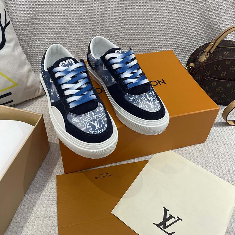 Louis Vuitton Unisex LV Ollie Sneaker Blue Canvas Rubber Outsole Monogram Flowers