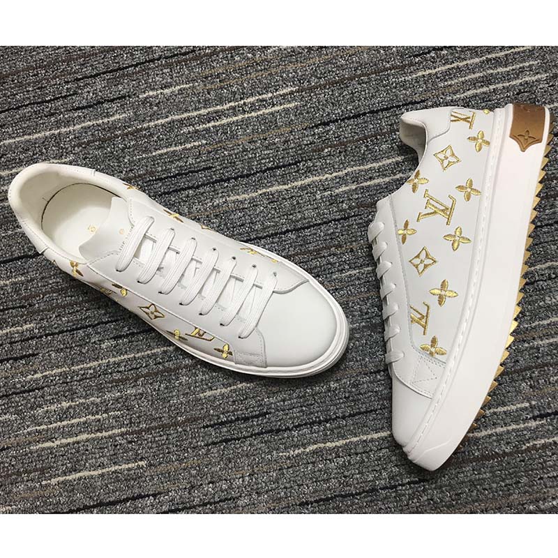 Louis Vuitton Unisex LV Time Out Sneaker Gold White Embroidered Calf Leather