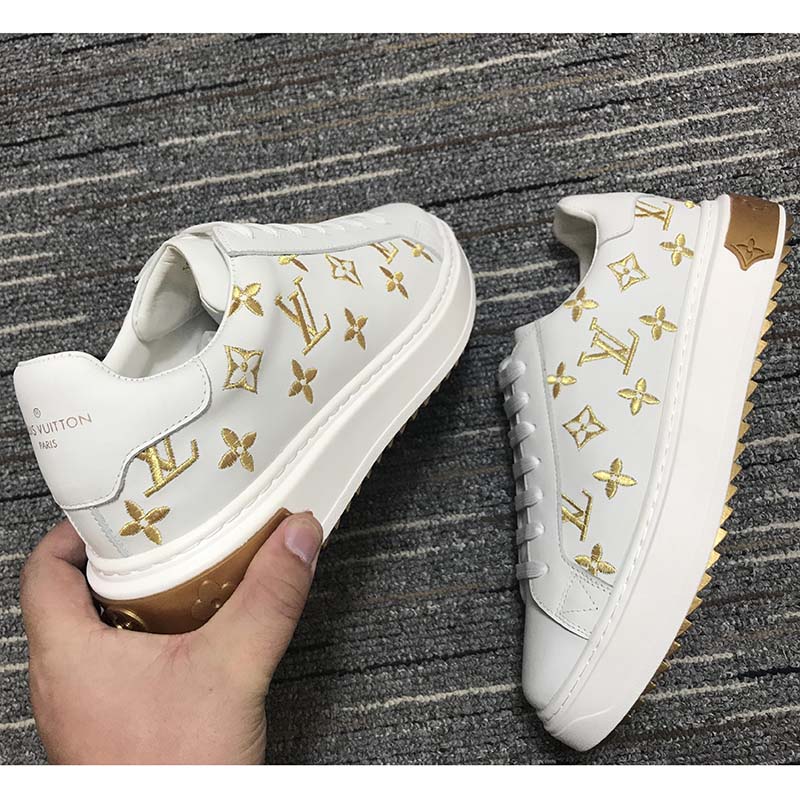 Louis Vuitton Unisex LV Time Out Sneaker Gold White Embroidered Calf Leather
