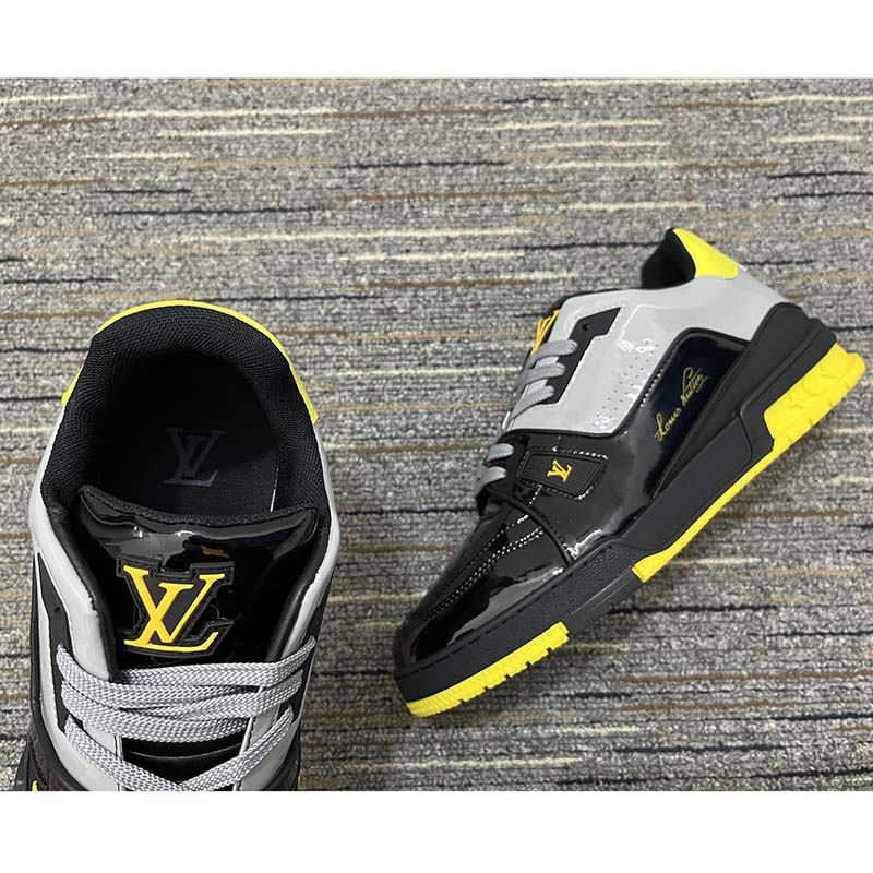 Louis Vuitton Unisex LV Trainer Sneaker Black Patent Canvas Rubber Outsole Monogram Flowers