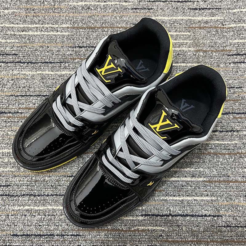 Louis Vuitton Unisex LV Trainer Sneaker Black Patent Canvas Rubber Outsole Monogram Flowers