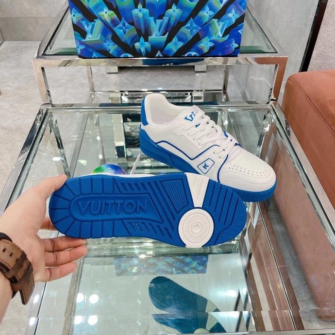 Louis Vuitton Unisex LV Trainer Sneaker Blue Calf Leather Rubber Outsole Monogram Flowers